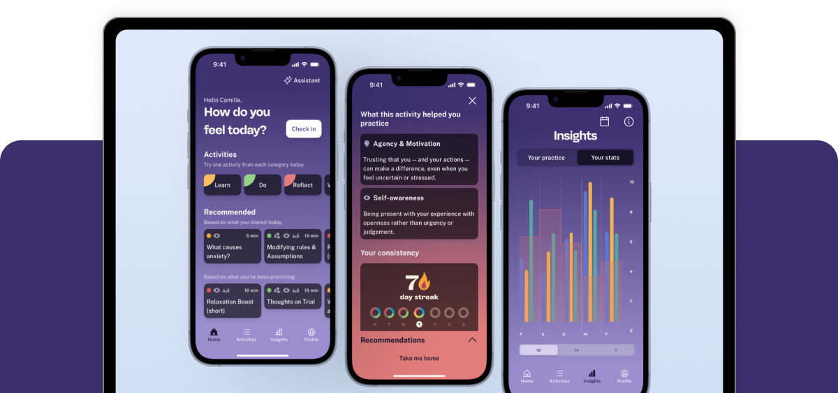 eMoodie app interface showing wellbeing insights and activities