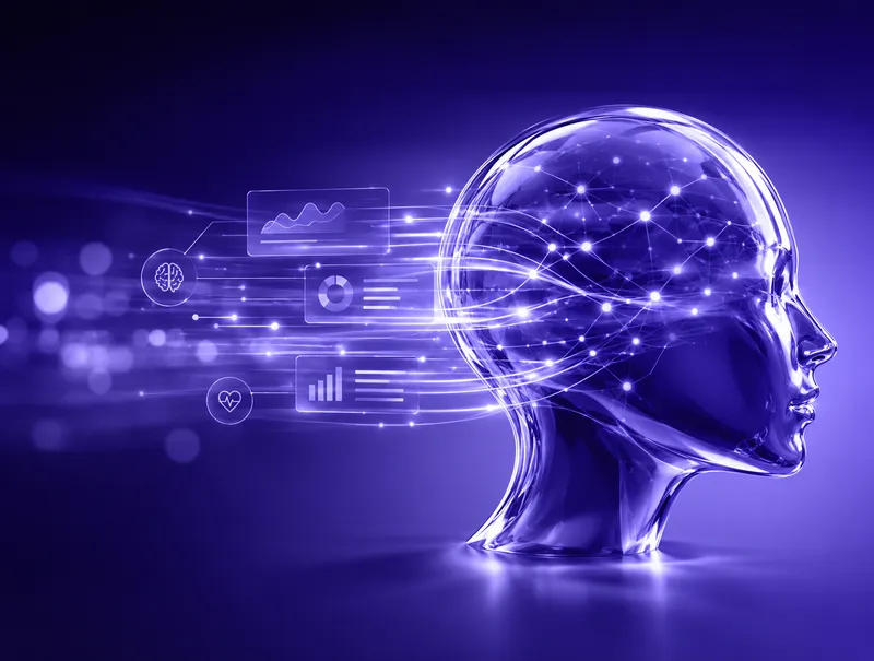 Illustration of a digital head with psychological data visualisations